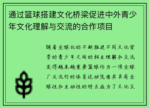 通过篮球搭建文化桥梁促进中外青少年文化理解与交流的合作项目