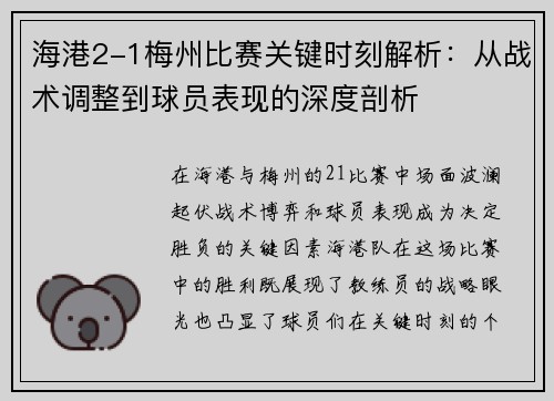 海港2-1梅州比赛关键时刻解析：从战术调整到球员表现的深度剖析